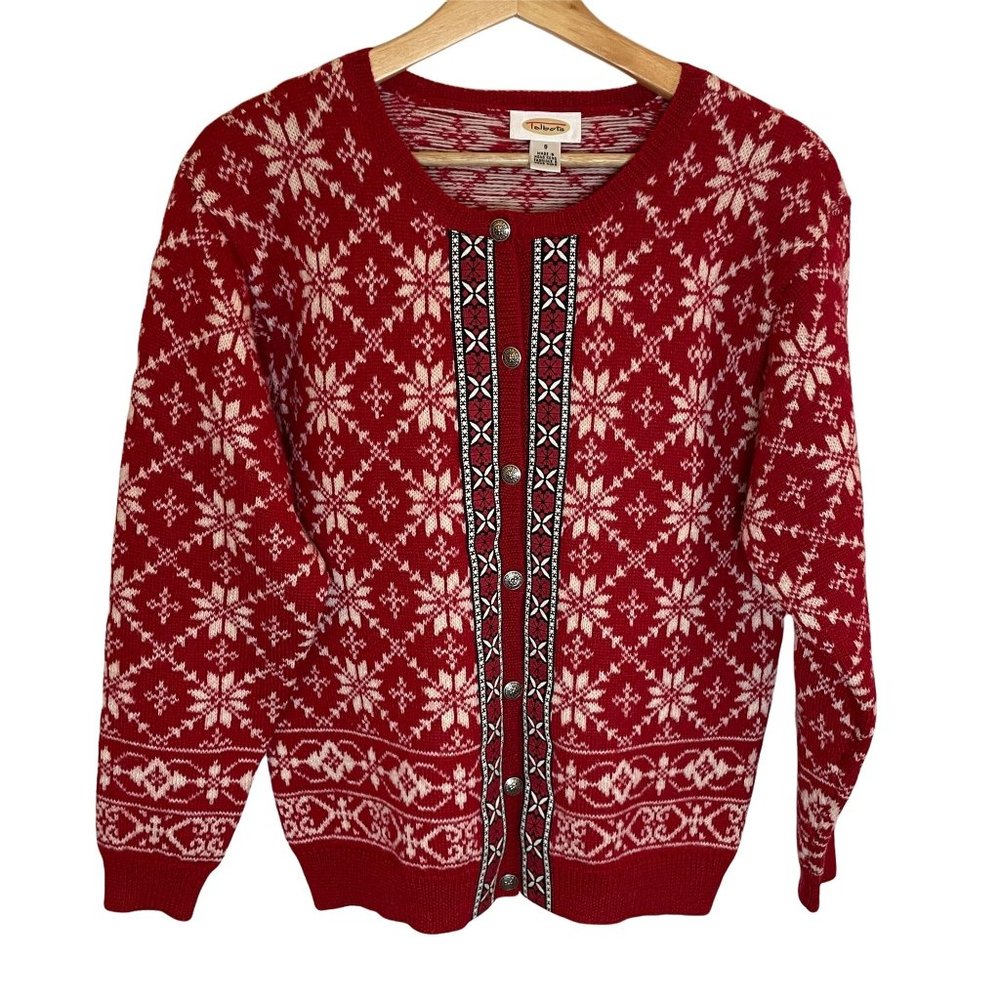 Vintage Talbots Fair Isle Wool Nordic Snowflake Grandma Sweater Women 8 Red